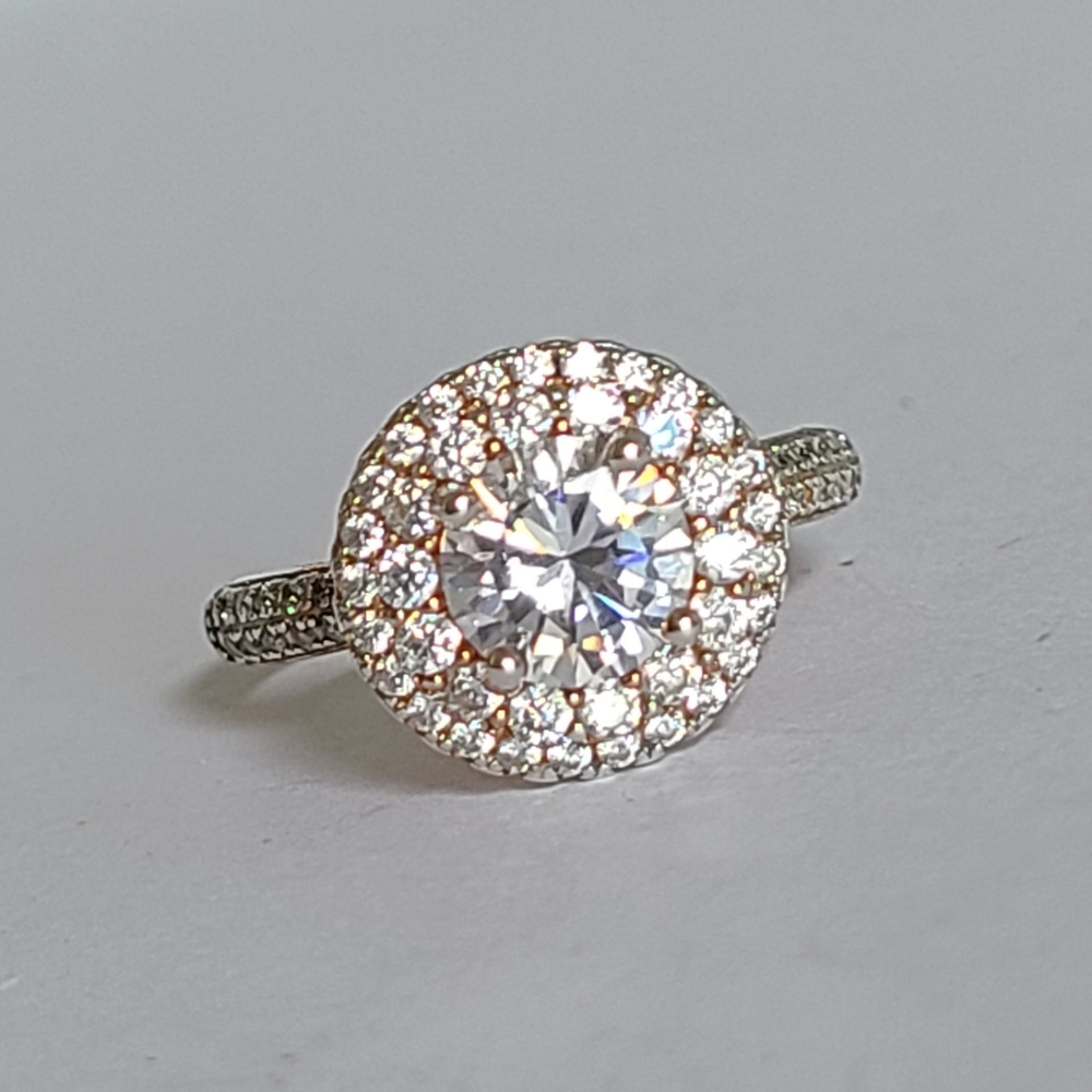 Round Briliant Double Halo Solitaire Rose Gold Sterling Silver Cocktail Ring 7